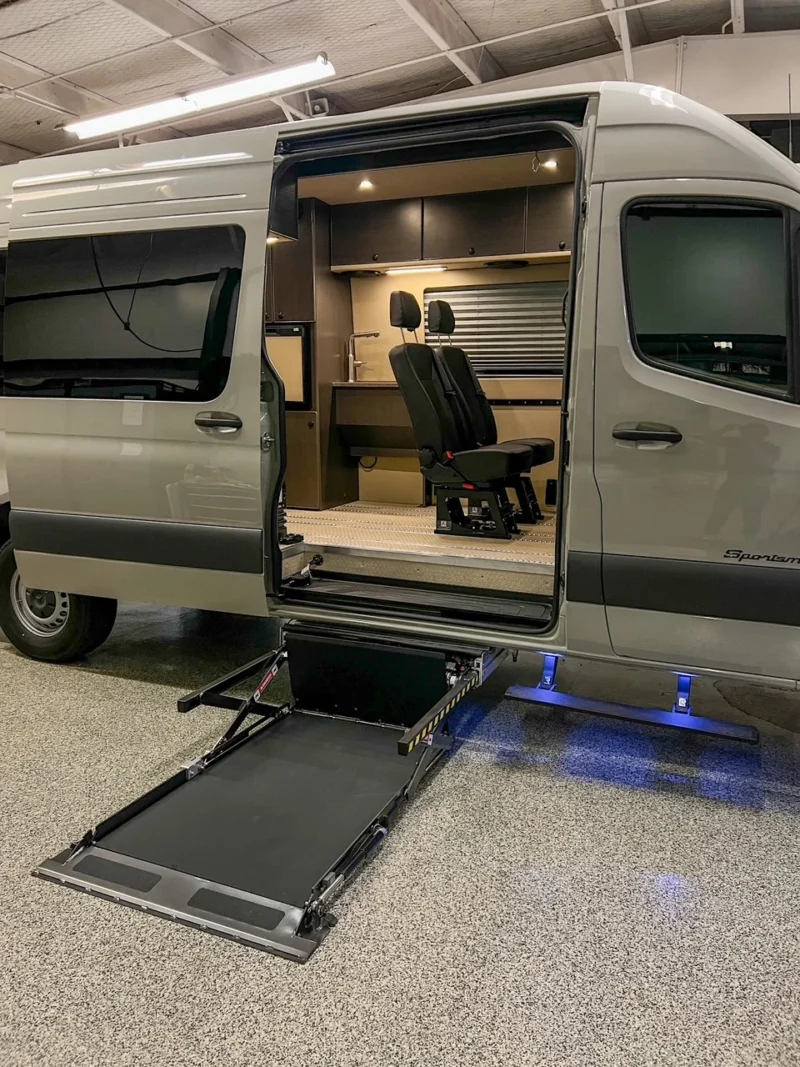 2026 Mercedes Sprinter 170 High Roof AWD Wheelchair Accessible, exterior, UVL Lift deployed at sliding door