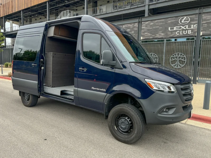 Mercedes Sprinter 2500 144 High Roof AWD Motorcycle Hauler and Front Sitting Area, exterior, sliding door open to the sitting area