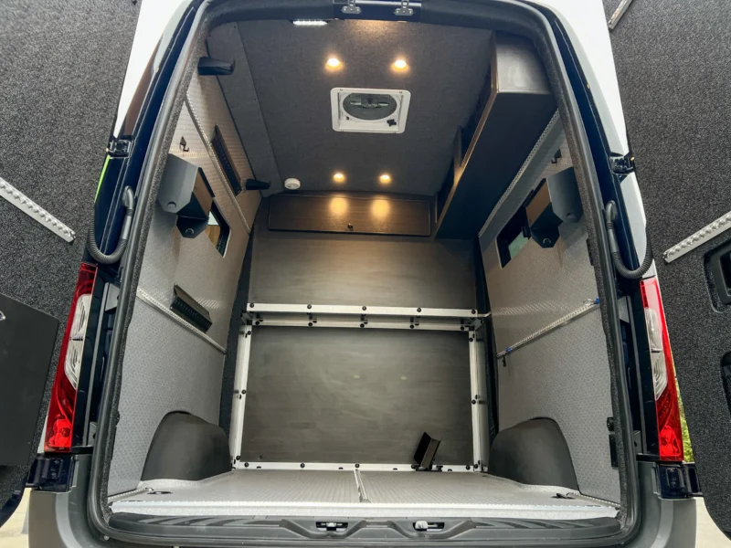 Mercedes Sprinter 2500 144 High Roof AWD Motorcycle Hauler and Front Sitting Area, garage with L Track and porch lights