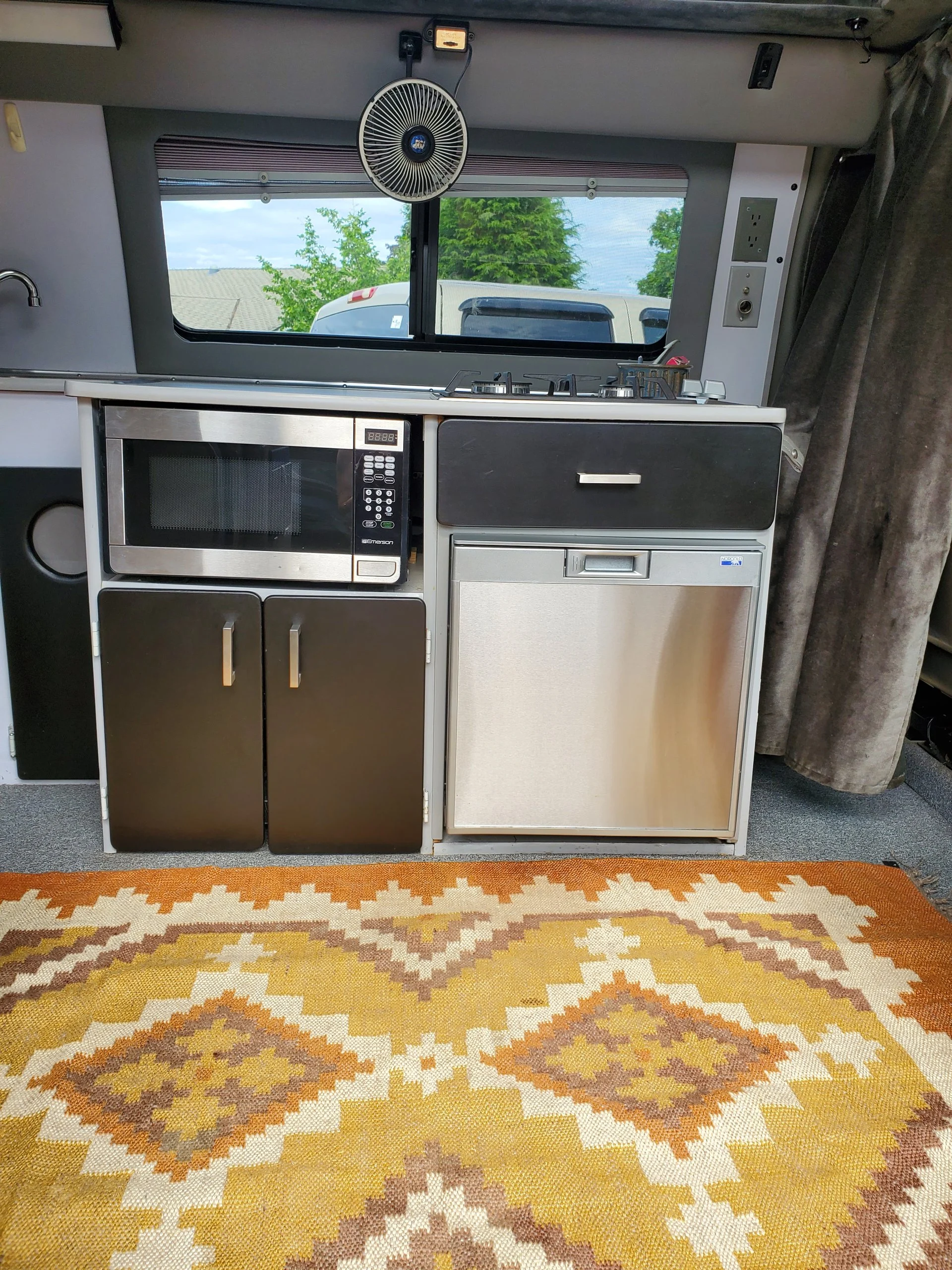 2001 Chevy Express 2500 EB50 Penthouse Top, galley with microwave, cabinets and fridge