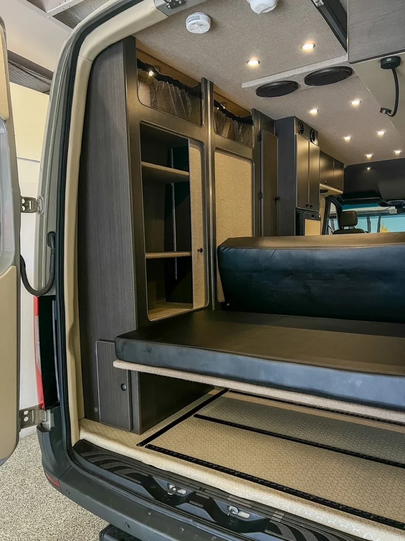 2026 Mercedes Sprinter 170 High Roof AWD Wheelchair Accessible, rear doors open, sofa and storage