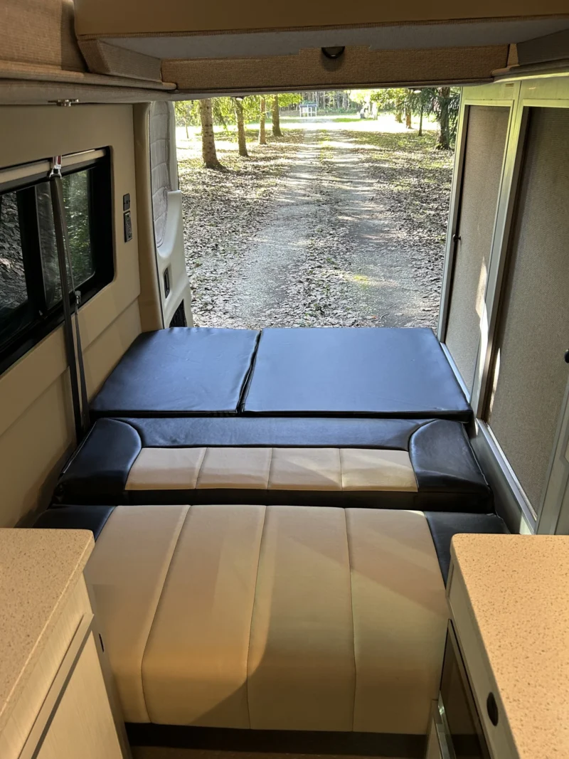 New 2022 Sprinter 2500 144 4x4 RB-150S, rear seating and bed, looking rearward