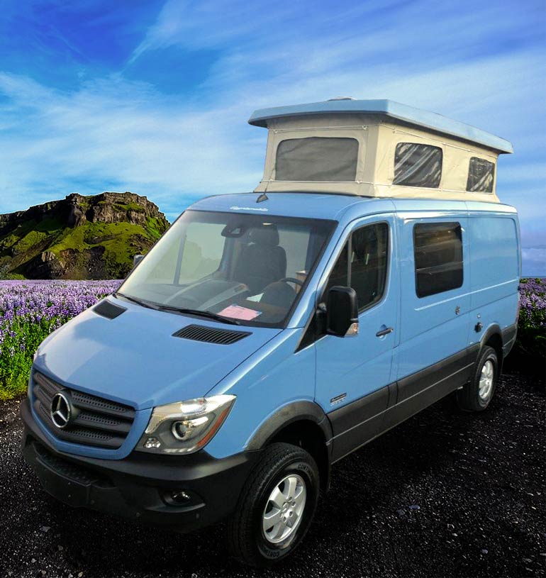 A sky blue Mercedes Sprinter camper conversion van with the penthouse top extended.