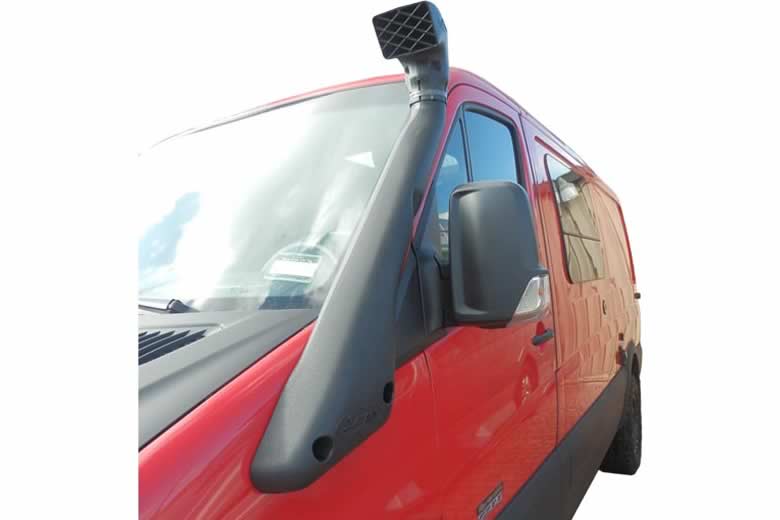 A red Sportsmobile conversion van with an upgraded exterior snorkel.