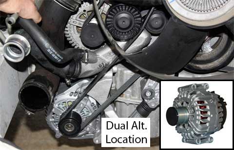 A close up engine view of the Sprinter dual alternator kit. 