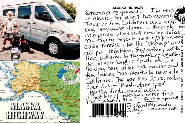 A postcard from Alaska sent by Sportsmobile owner Richard Melenby on his travel.