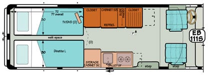 Sportsmobile conversion van diagram illustrating that the dinette can turn into two beds.