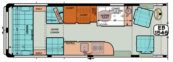 Sportsmobile conversion van diagram illustrating the couch swinging out into two beds.