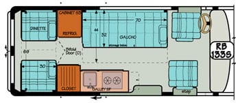 Sportsmobile conversion van diagram illustrating how dinette converts into a a bed.