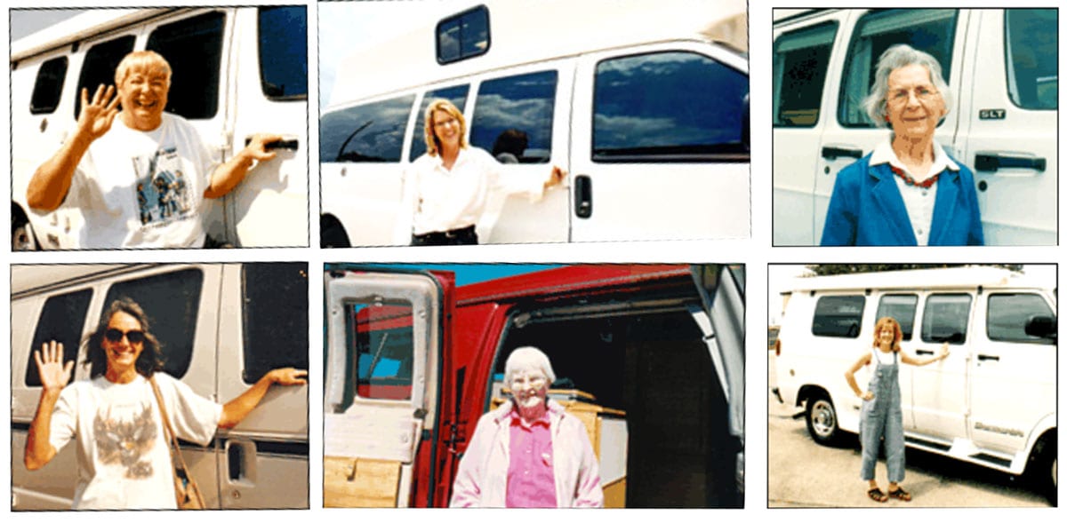A collage of happy ladies proud to be part of the family of owners of a Sportsmobile conversion van.