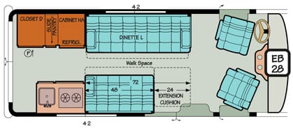 Diagram illustrating a larger bed in a Chevy or Ford Sportsmobile conversion.