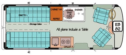 Diagram illustrating dinette to bed options in a Chevy or Ford Sportsmobile conversion.