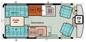 Diagram illustrating how countertop high cabinets in a Chevy or Ford Sportsmobile conversion can make the area more spacious.