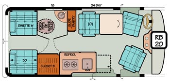 Diagram illustrating a rear dinette in a Chevy or Ford Sportsmobile conversion that turns in to a bed.