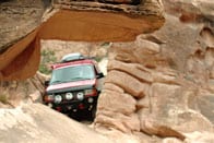 Sportsmobile conversion traveling through more tight spots in the Moab.