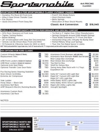 Image of a Sportsmobile price sheet.
