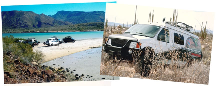 Sportsmobile conversion against the Baja beach backdrop.