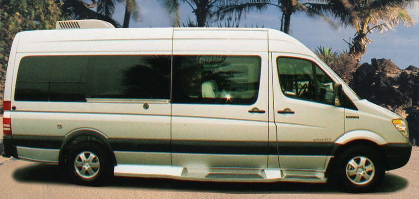 A silver Mercedes Sprinter van conversion parked next to palm trees.