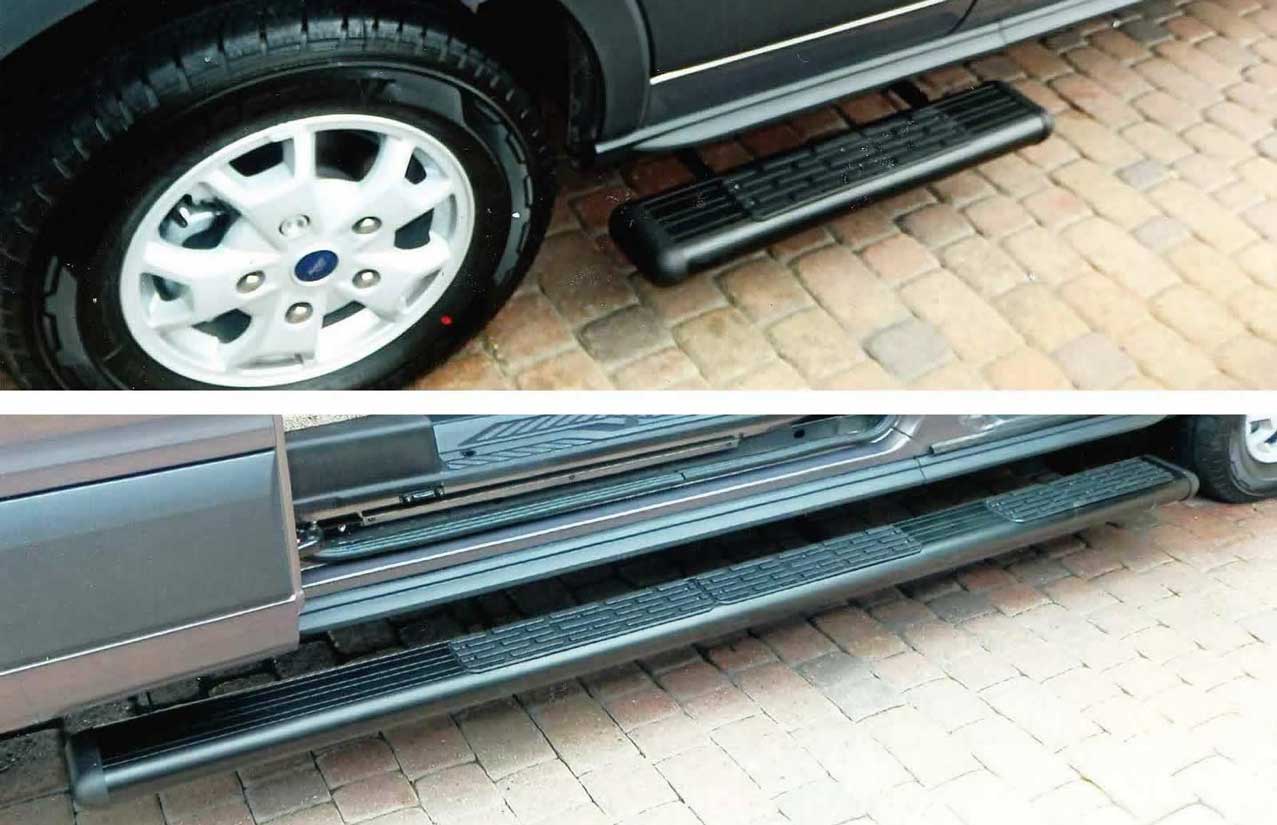 A custom silver Sportsmobile conversion van with upgraded black grip steps.