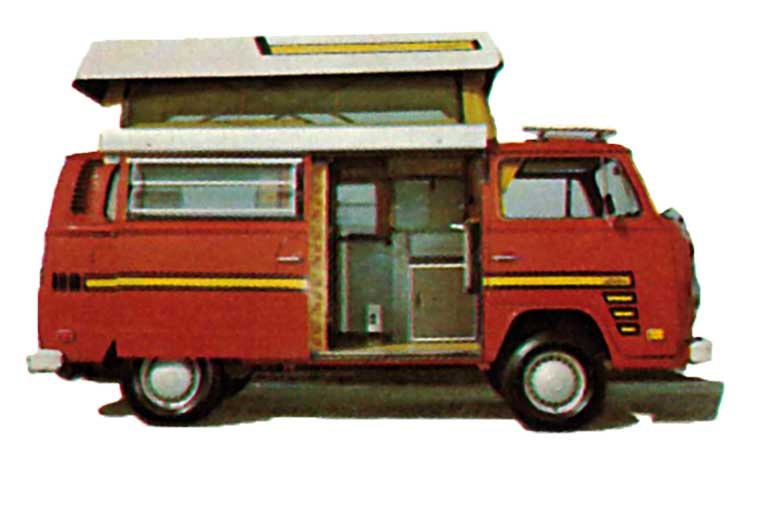 Red 1970s Sportsmobile Volkswagen conversion vans with pop-top extended.