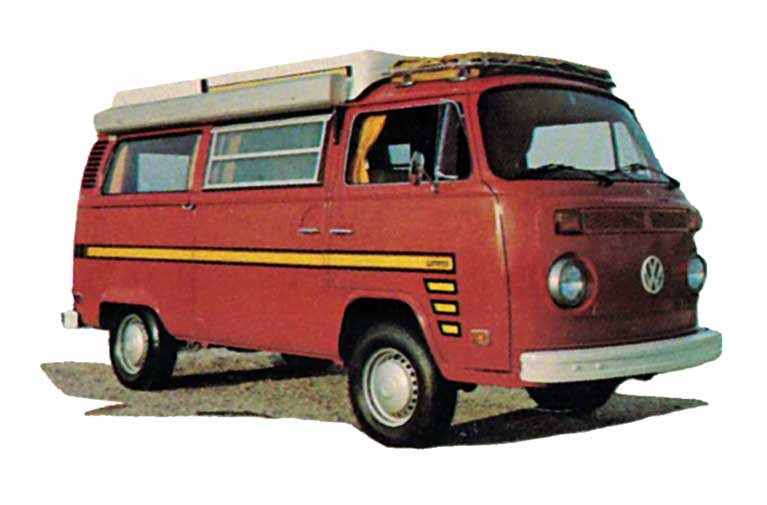 Red 1970s Sportsmobile Volkswagen conversion vans with pop-top in down position.