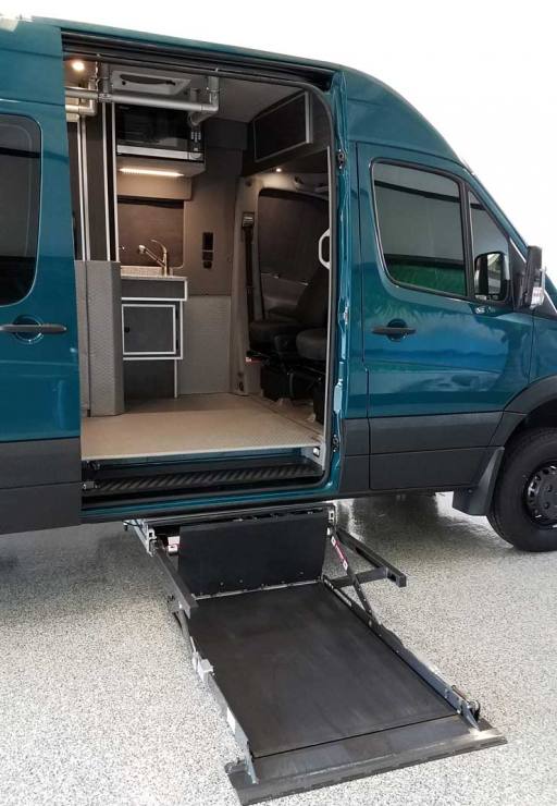 Exterior view of a Sportsmobile Sprinter outfitted with disability platform.