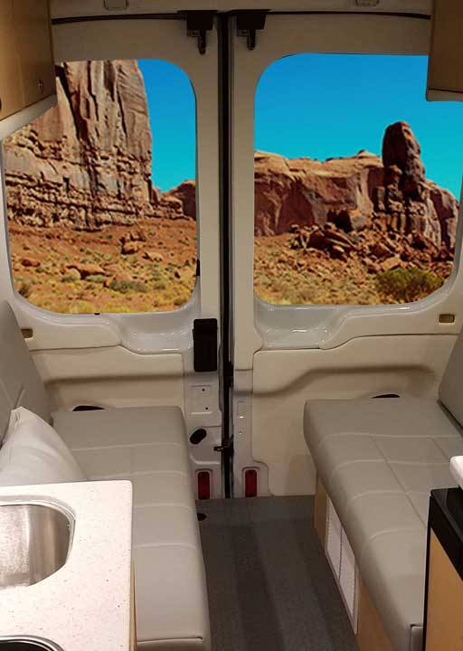 Interior view or rear dinette inside this van conversion.