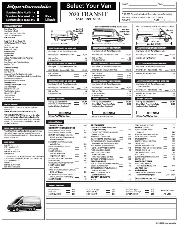 Ready to start your Sportsmobile van conversion? View the Ford Transit pricing sheet.