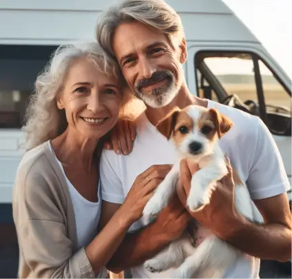 An older couple taking a picture with their small puppy in front of their white van.
