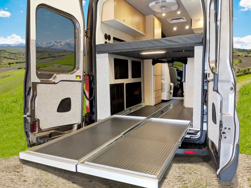 Cabinets and pull out trays allow for storage and access.