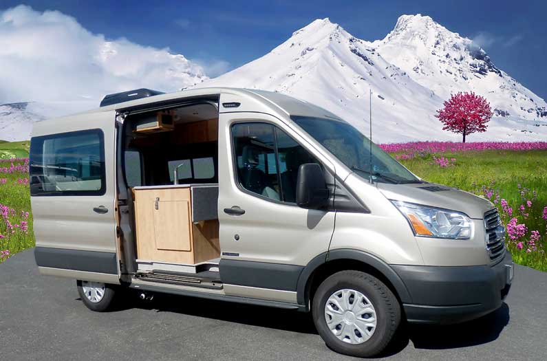 Silver Ford Transit EB Sportsmobile van conversion.