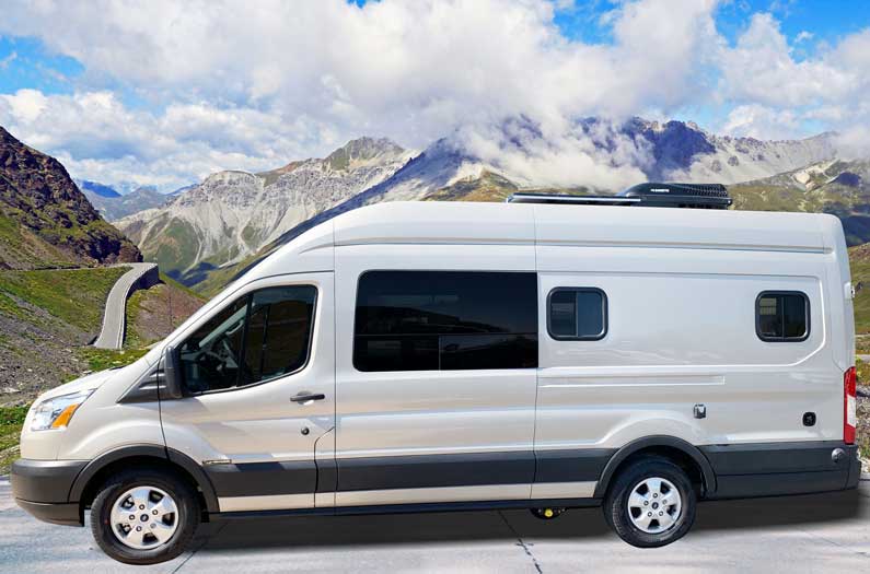 Large upgraded refrigerator in this custom van conversion.