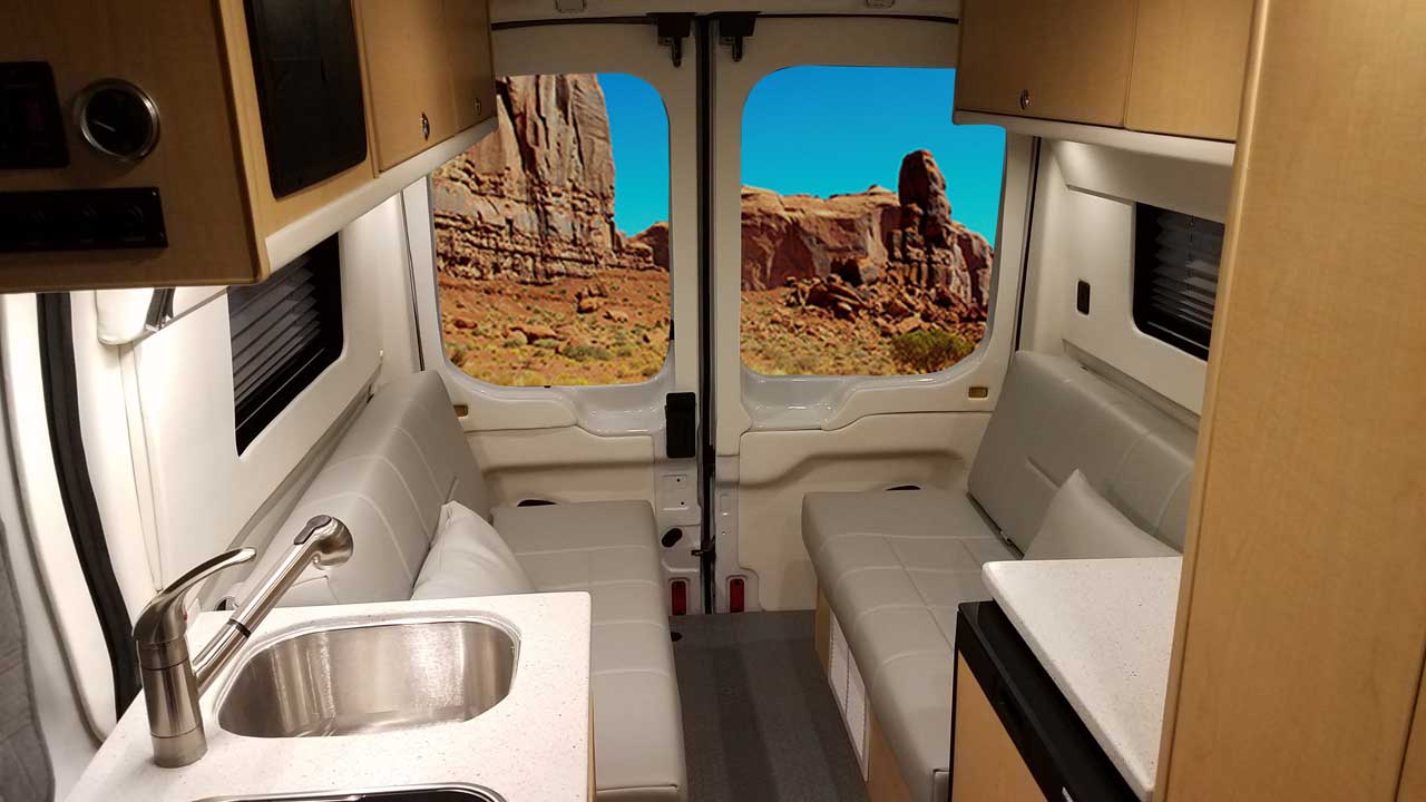 Interior view or rear dinette inside this van conversion.