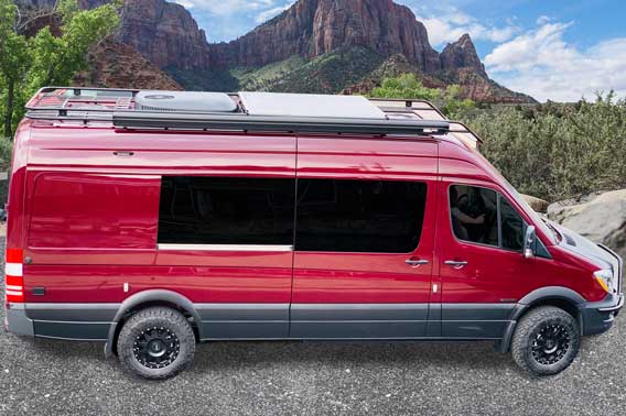 Sportsmobile Red Sprinter 4x4 van conversion.