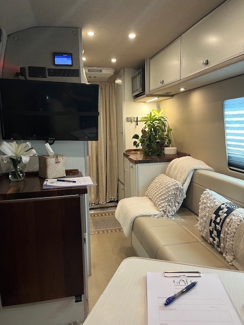 Homey van interior suitable for work and travel.