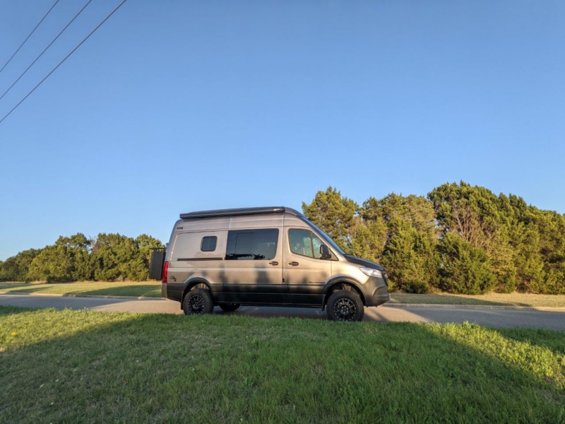Mercedes Sprinter 144 High Roof SCA top down in sun camper van passenger side
