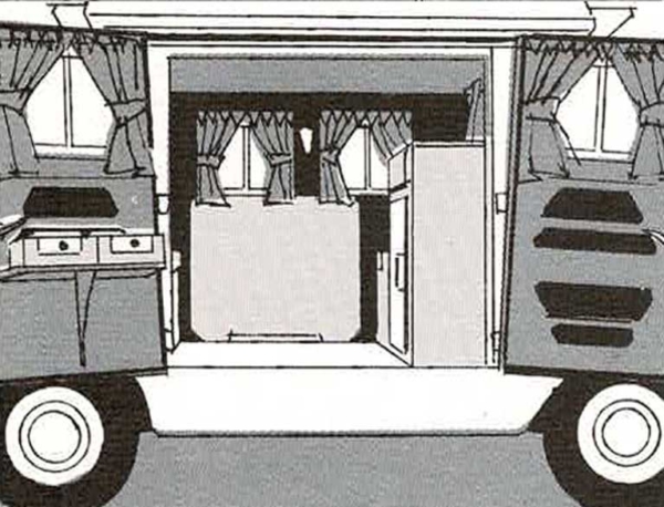Drawing of a white van with opened doors.