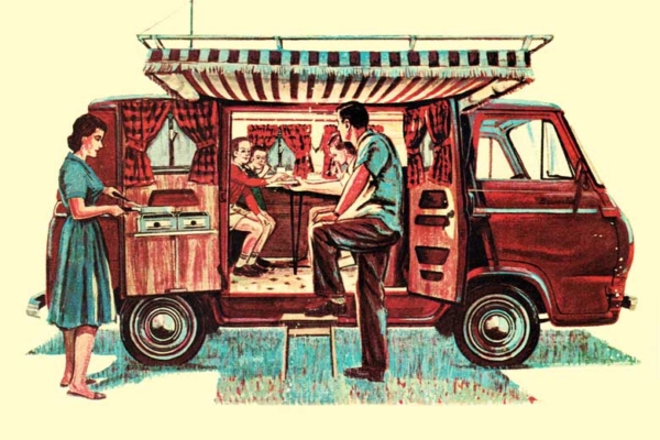 Drawing of a family having a dinner in their van.