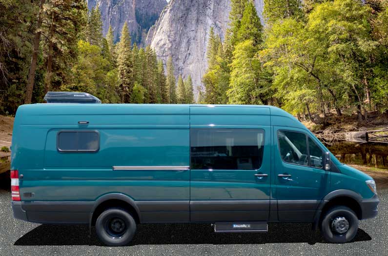 Blue green custom Sportsmobile Sprinter outfitted for individuals with disabilities.