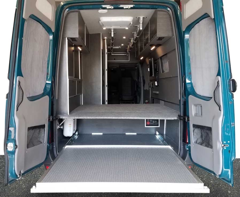 Exterior view of a Sportsmobile Sprinter rear entry.