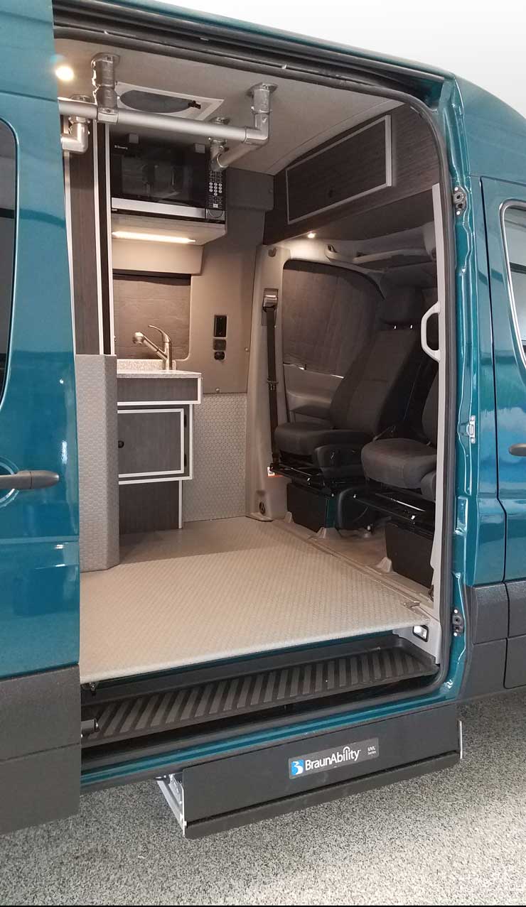 Exterior view of a Sportsmobile Sprinter outfitted with disability entry.