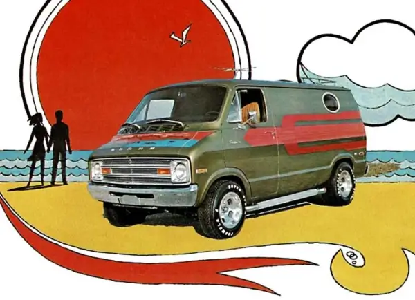 Drawing of the van on a beach.