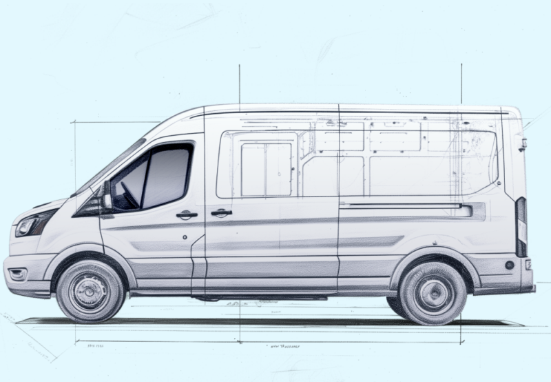 Pencil drawing of a white van on a blue background.