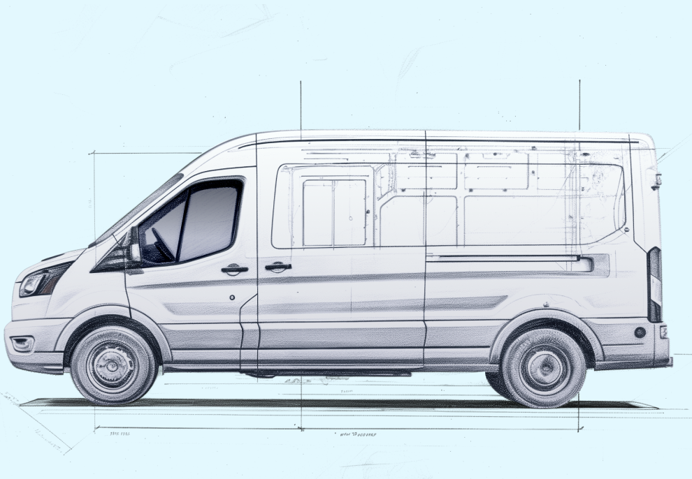 Pencil drawing of a white van on a blue background.